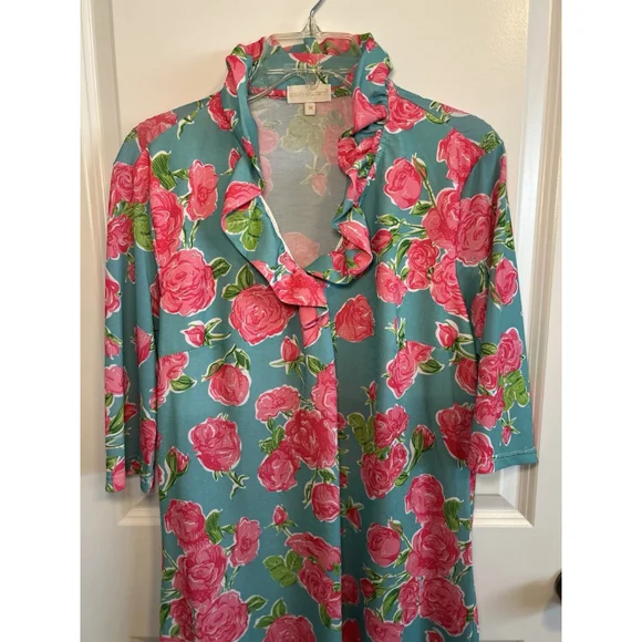 Simply Southern Floral Rose Pattern Blue Pink Ruffle Neckline Dress Size Medium - Picture 3 of 6